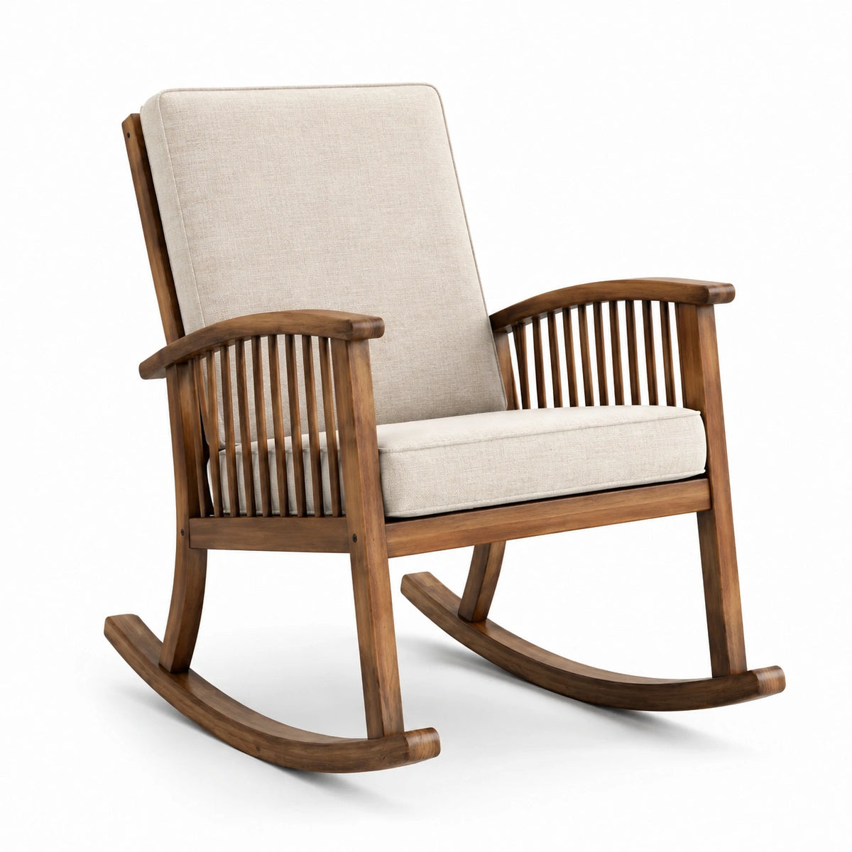 Sedia a dondolo in legno con cuscini in tessuto beige chiaro