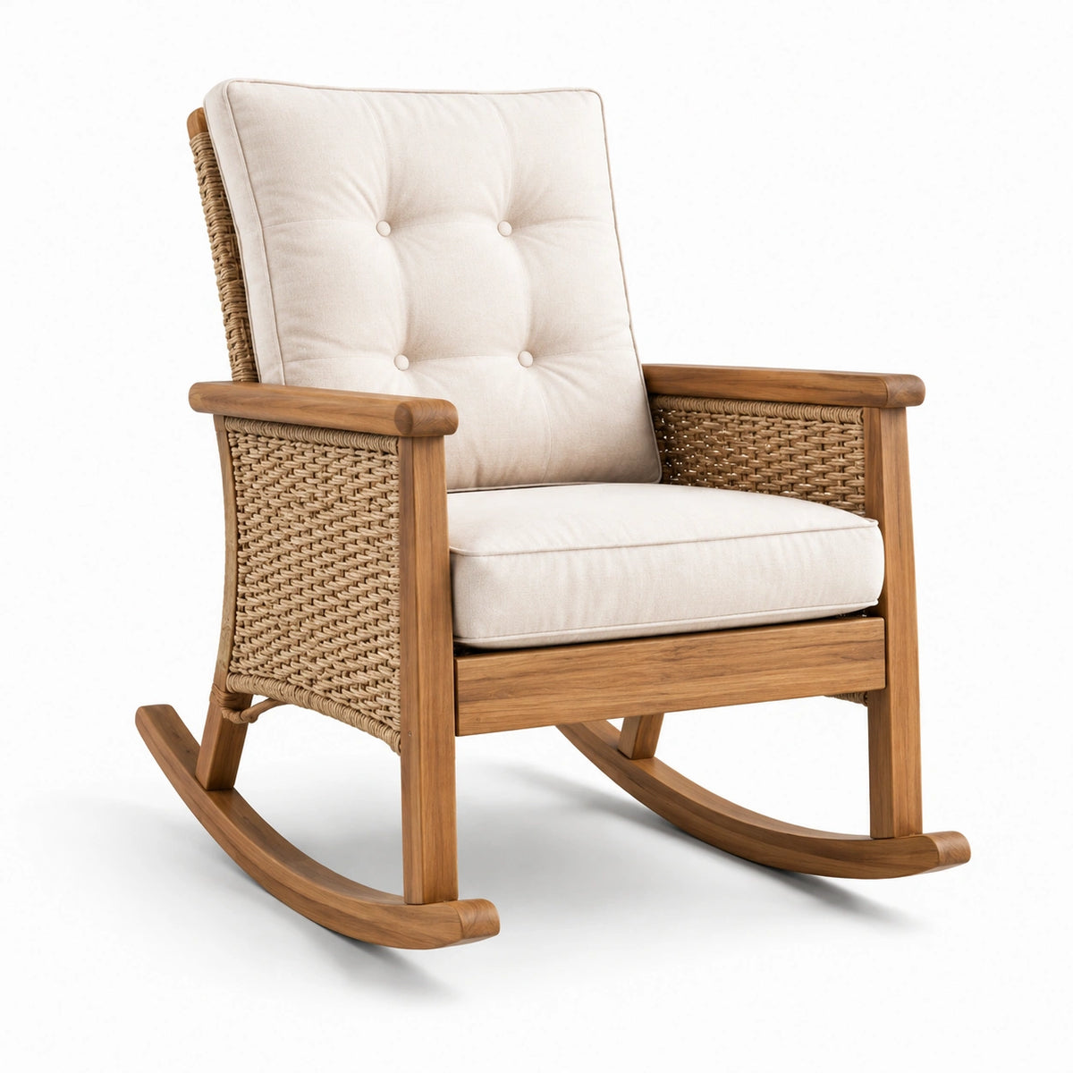 Sedia a dondolo in legno e rattan con cuscini beige