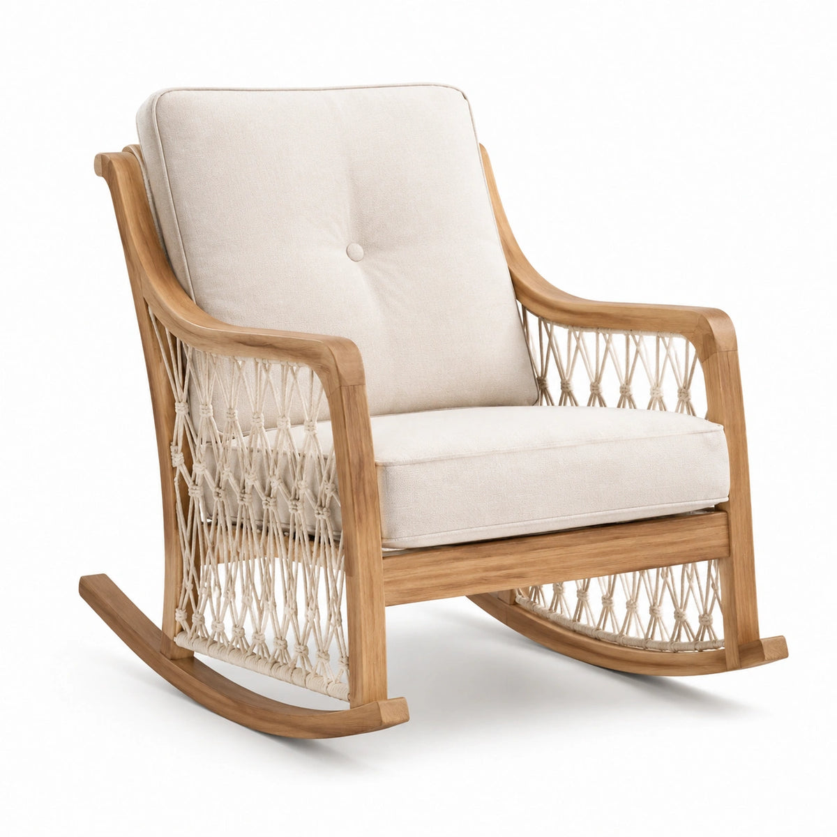 Sedia a Dondolo in Legno con Cuscini in Tessuto Crema