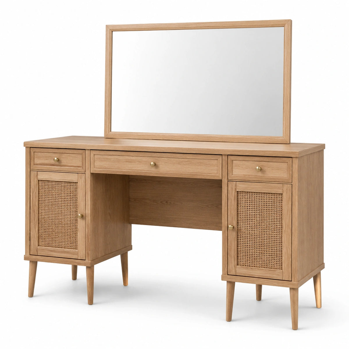 Tavolo Toeletta con Specchio in Legno e Rattan