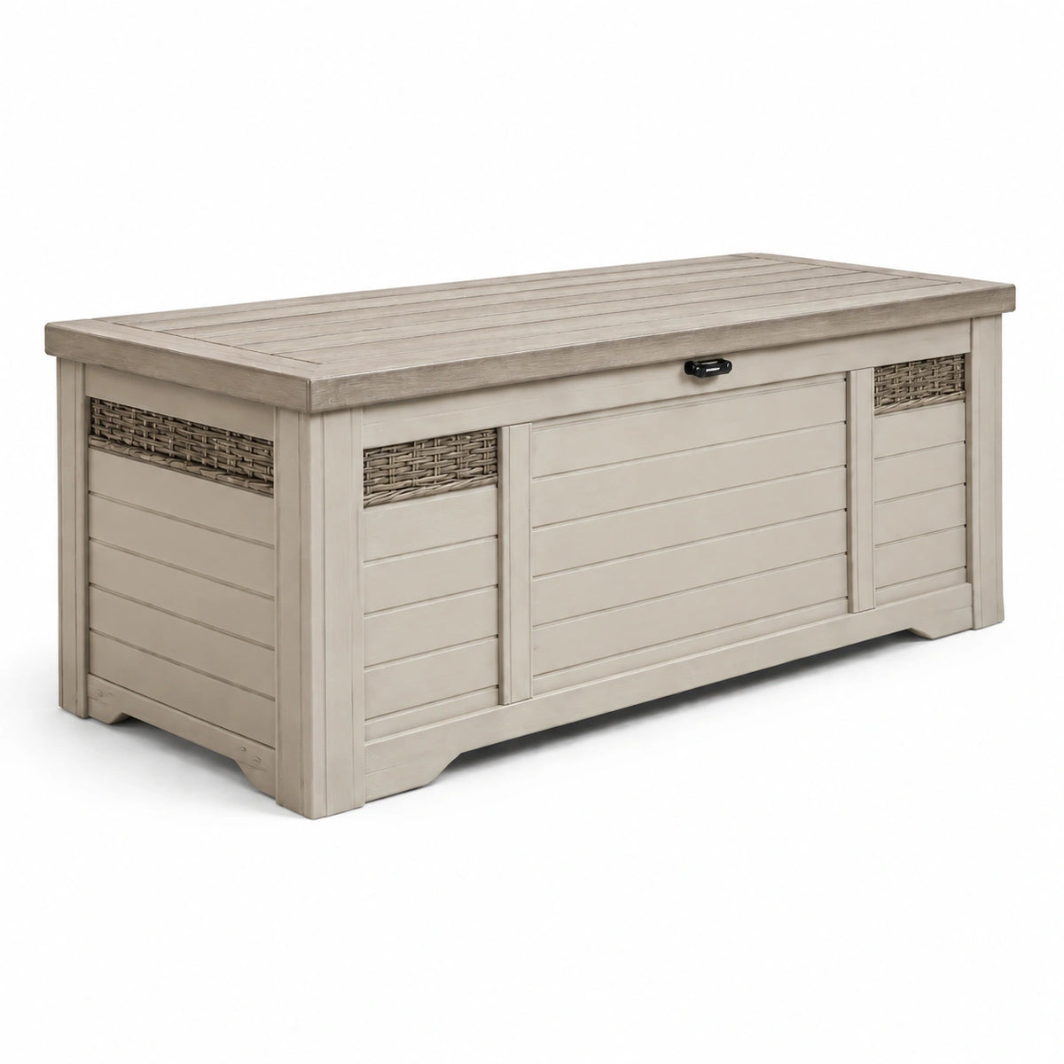 Baule da giardino in plastica beige con dettagli in rattan 145x75x60 cm
