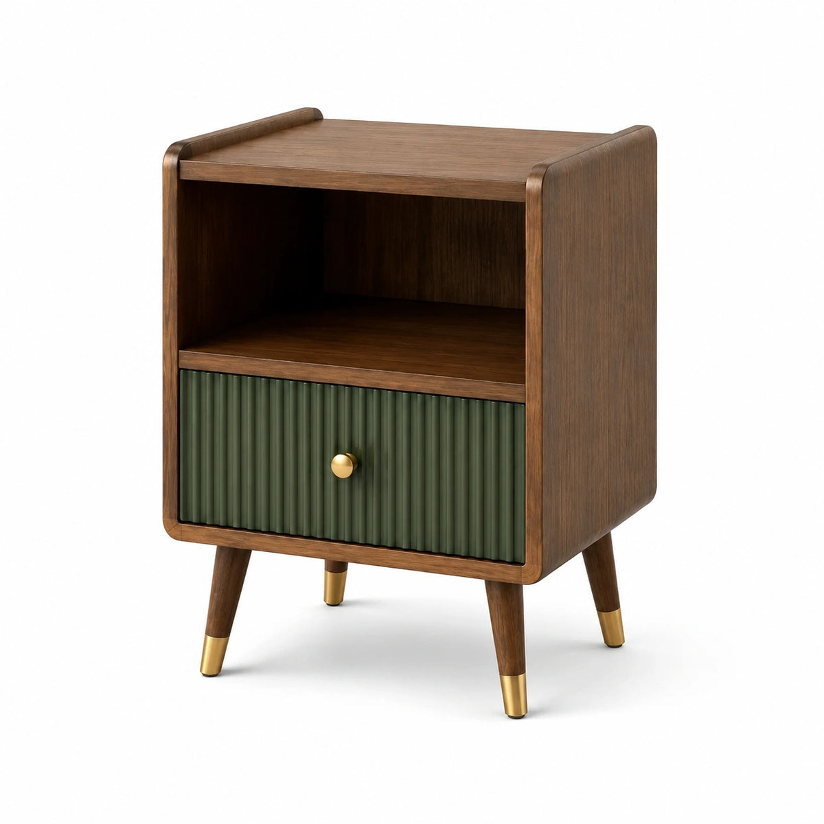 Comodino in Legno Marrone con Cassetto Verde e Gambe in Ottone