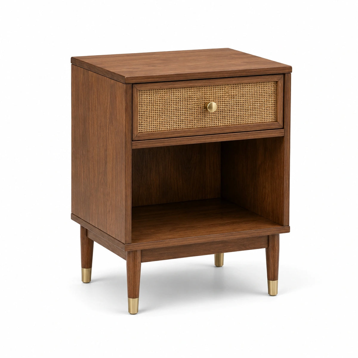 Comodino Marrone in Legno e Rattan con Dettagli in Metallo