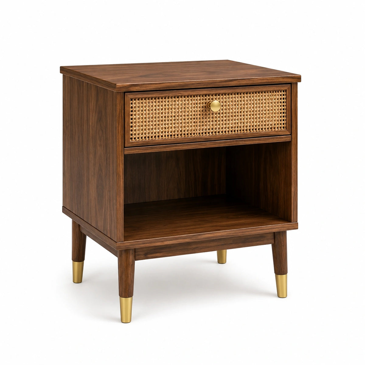Comodino in legno con cassetto in rattan e dettagli in ottone