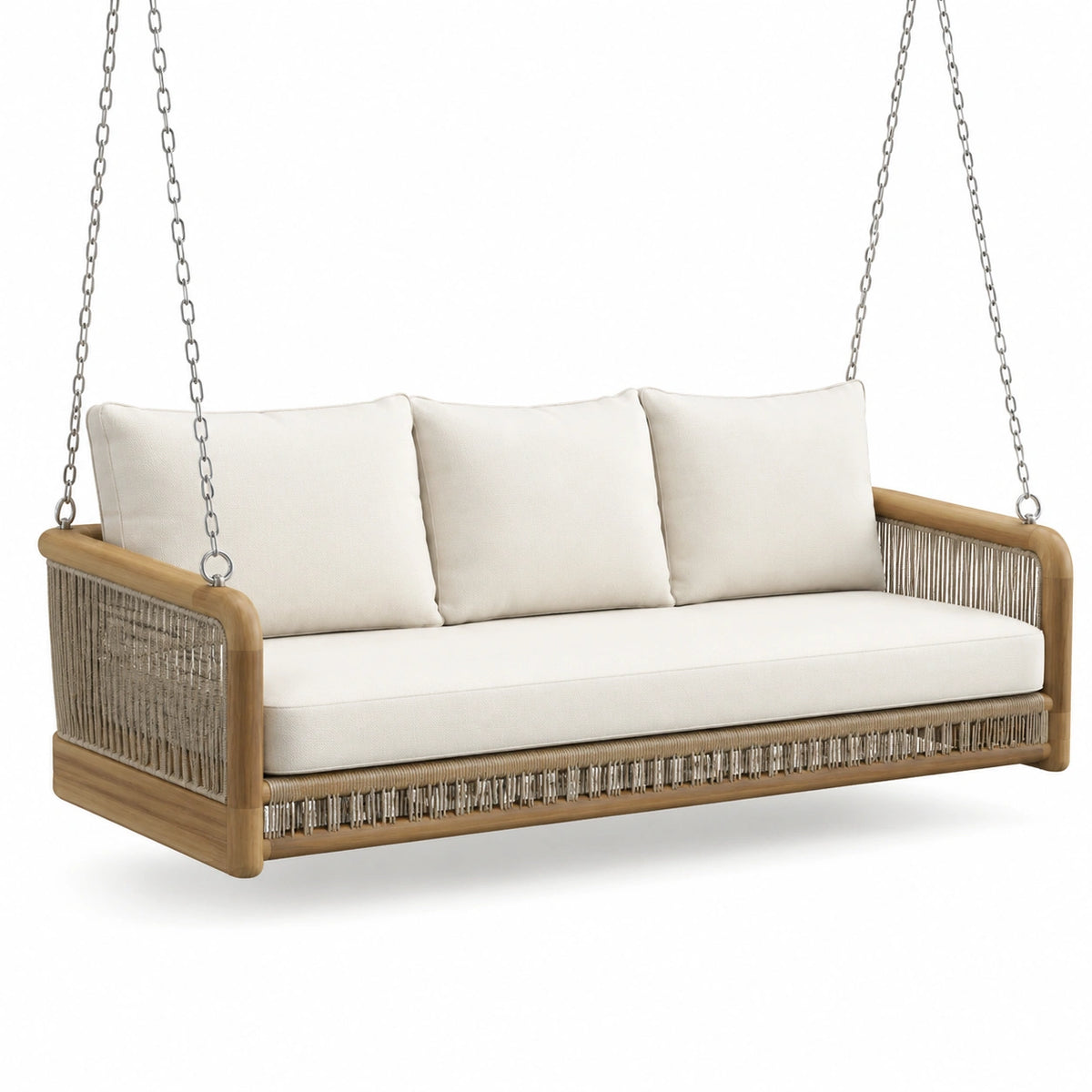 Dondolo da veranda in legno e corda con cuscini in poliestere beige