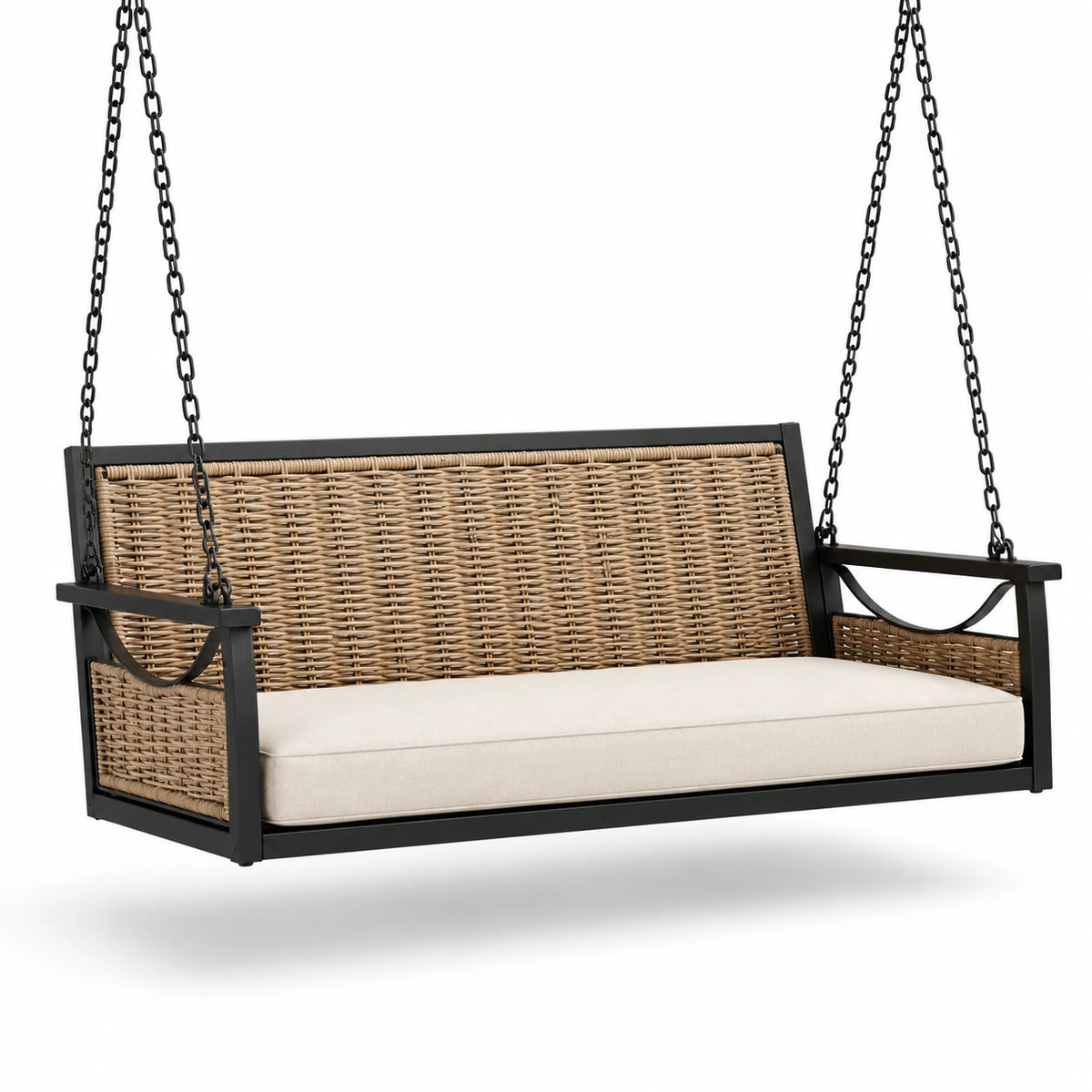 Panchina Oscillante in Rattan Sintetico con Struttura in Metallo e Cuscino Beige