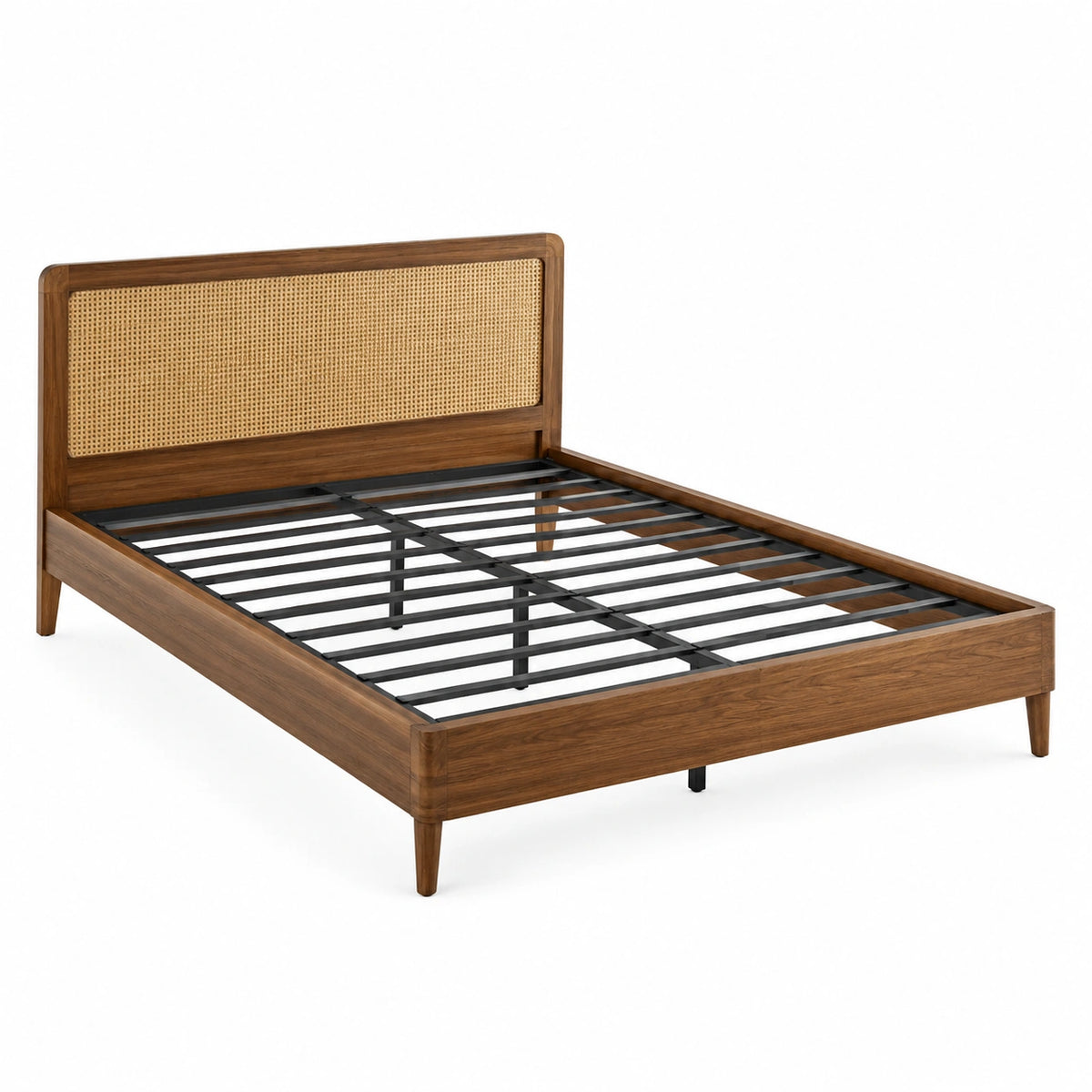 Letto in legno con testiera in rattan e doghe in metallo 160x200 cm