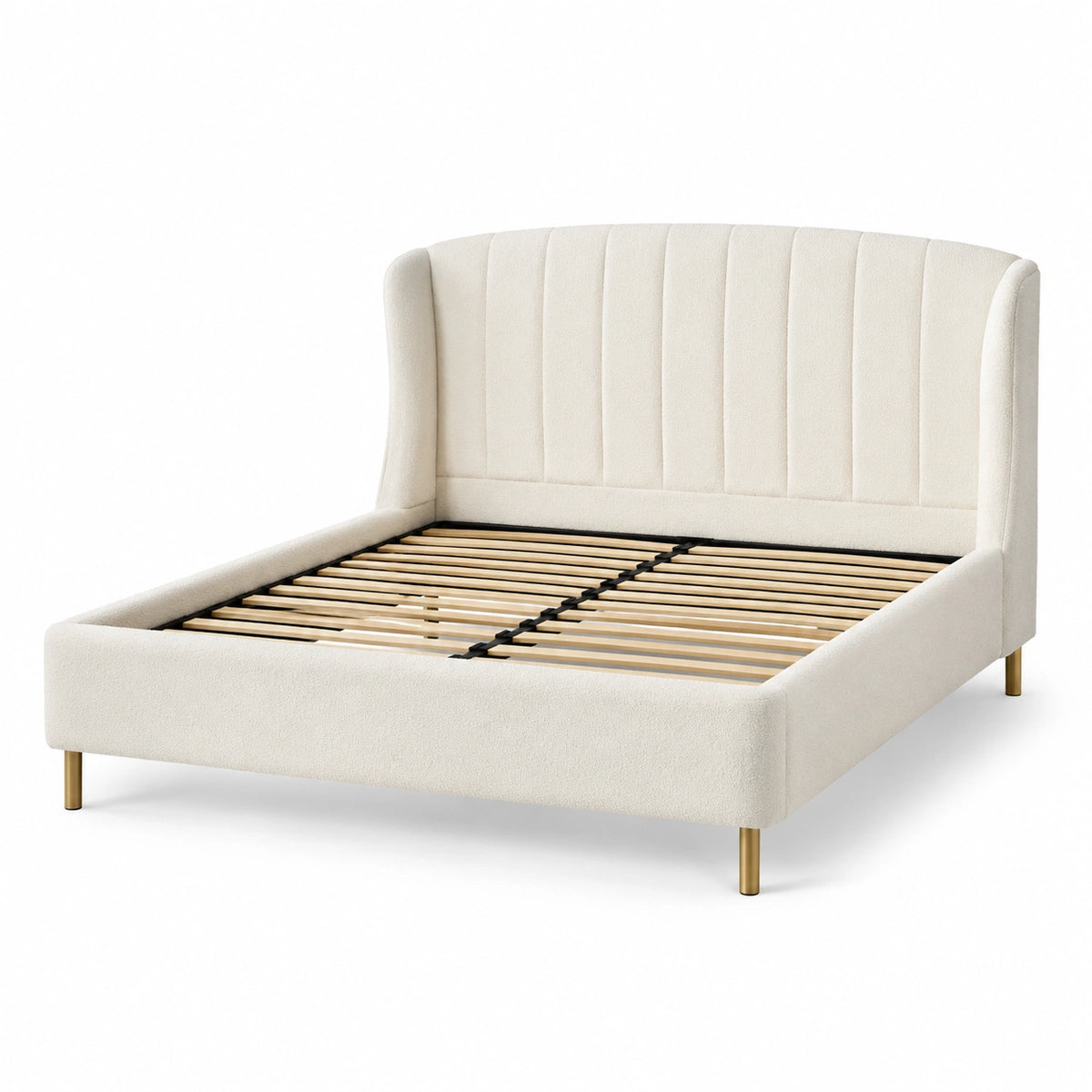 Letto matrimoniale in tessuto crema con gambe in metallo