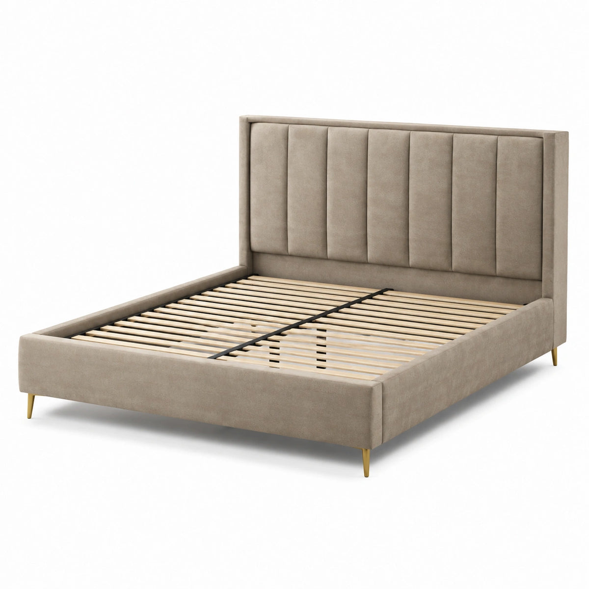 Letto matrimoniale imbottito in tessuto beige con testiera