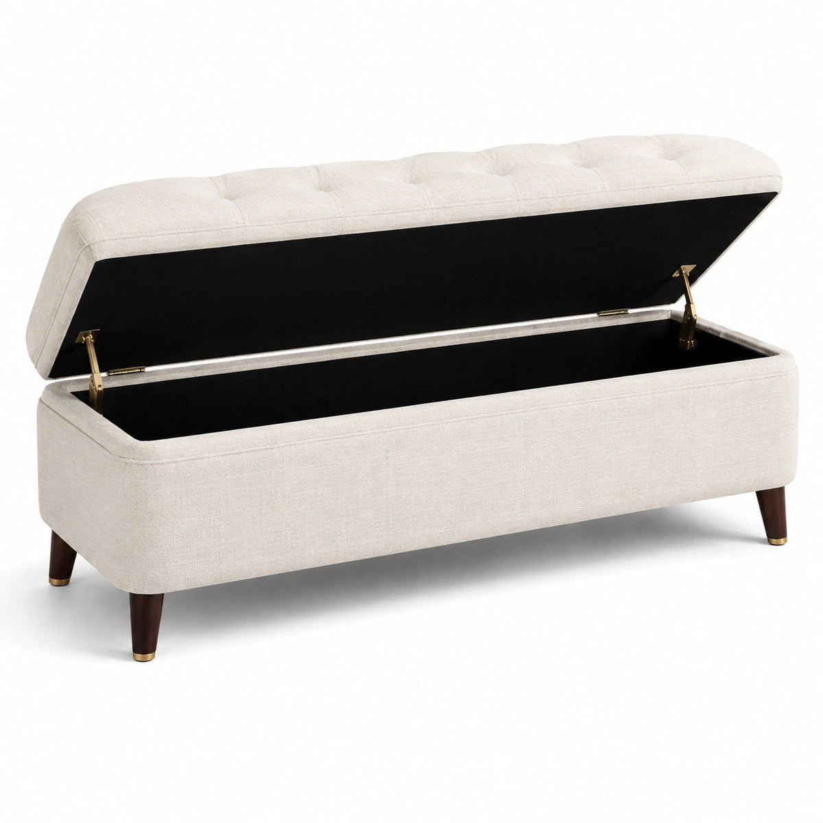 Panca contenitore in poliestere beige con gambe in legno, 120x40x45 cm