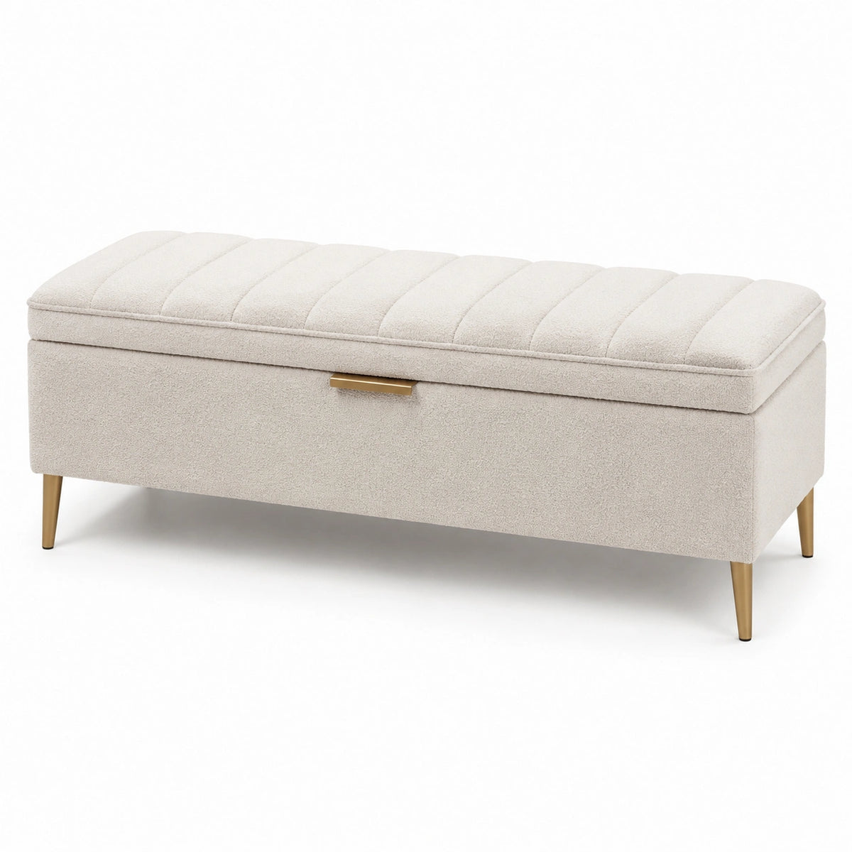 Panca contenitore in tessuto beige con gambe in metallo dorato