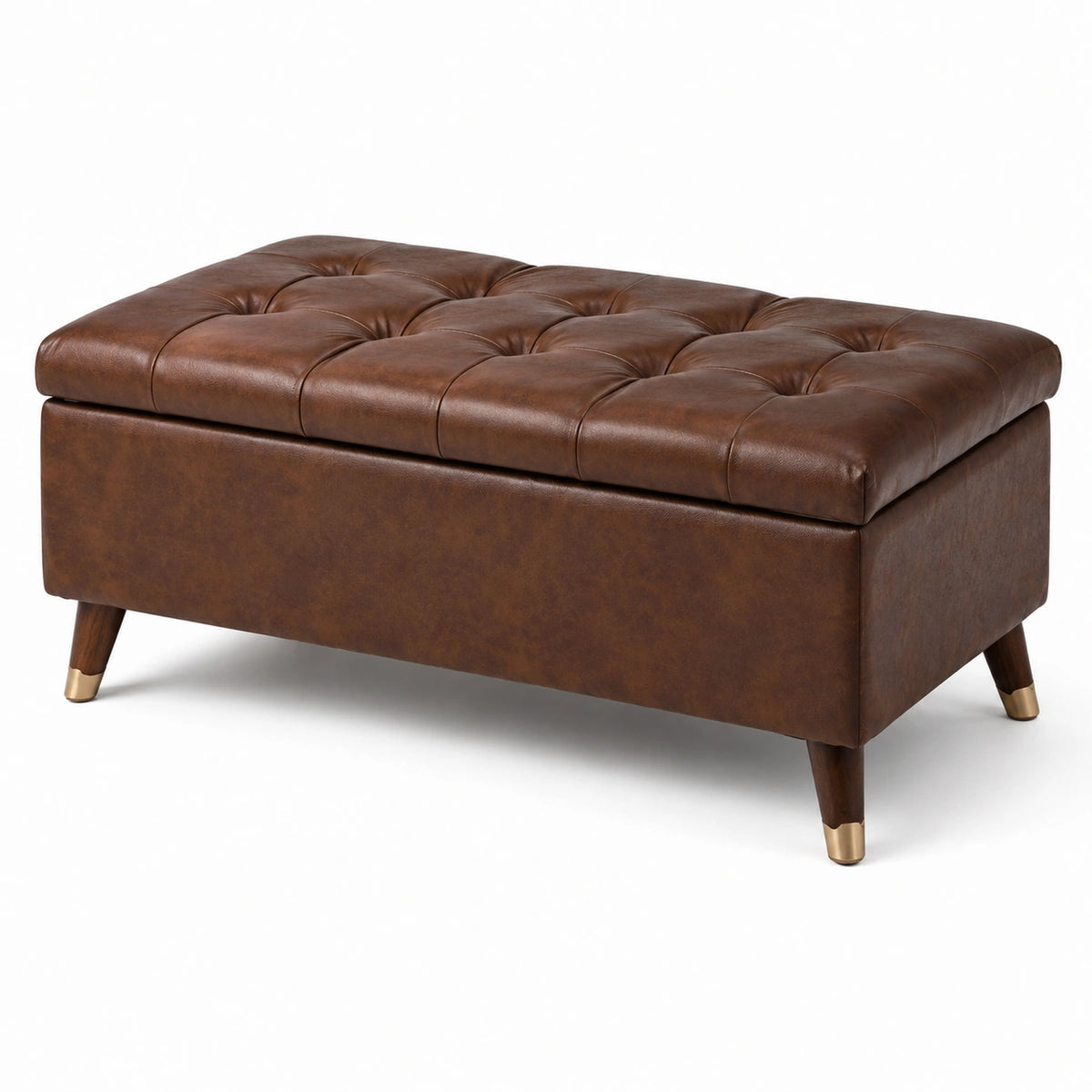 Panca contenitore in pelle sintetica marrone con gambe in legno