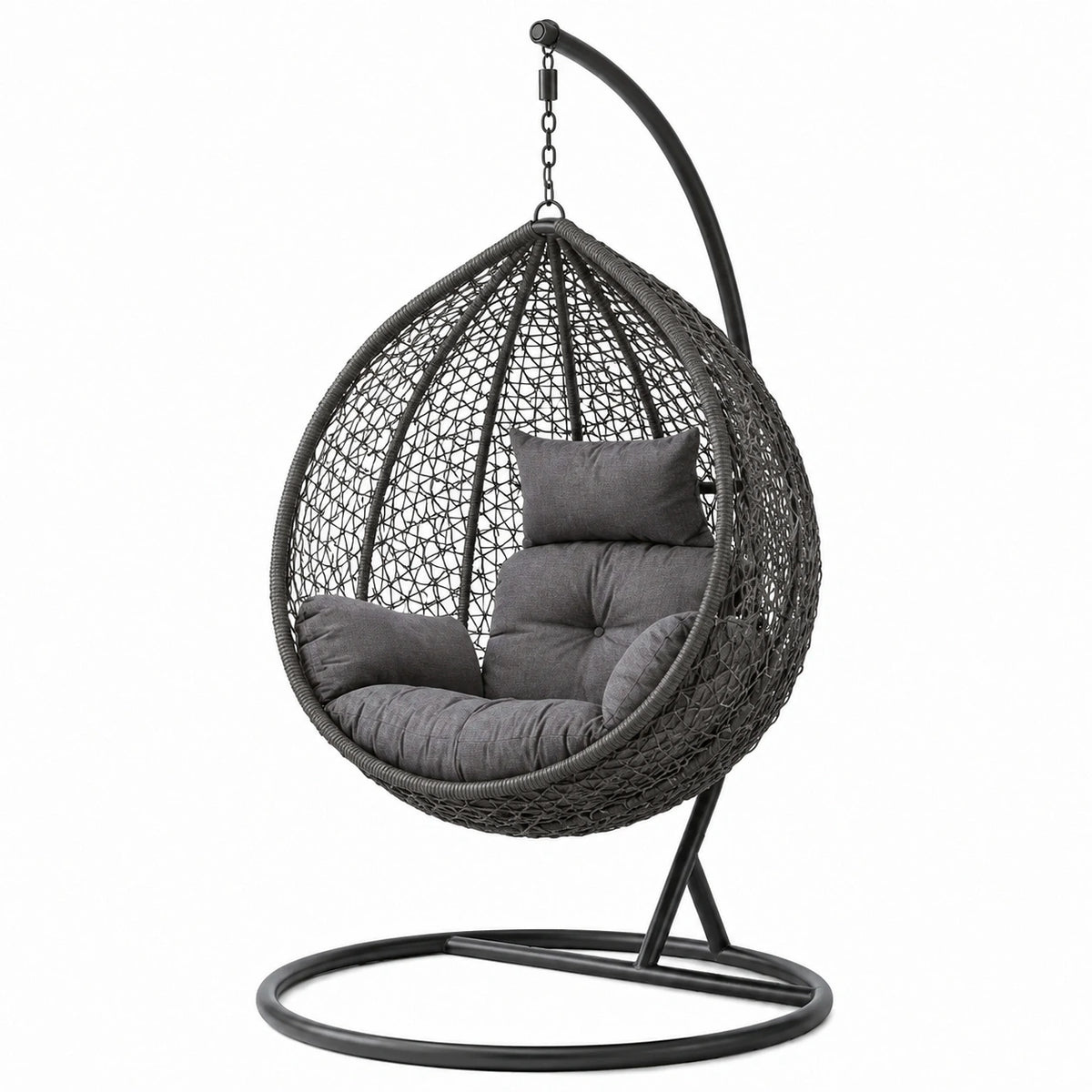Poltrona pensile in metallo e rattan sintetico grigio con cuscini