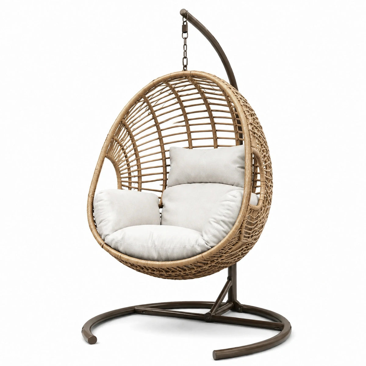 Sedia a dondolo sospesa in metallo e rattan con cuscini beige