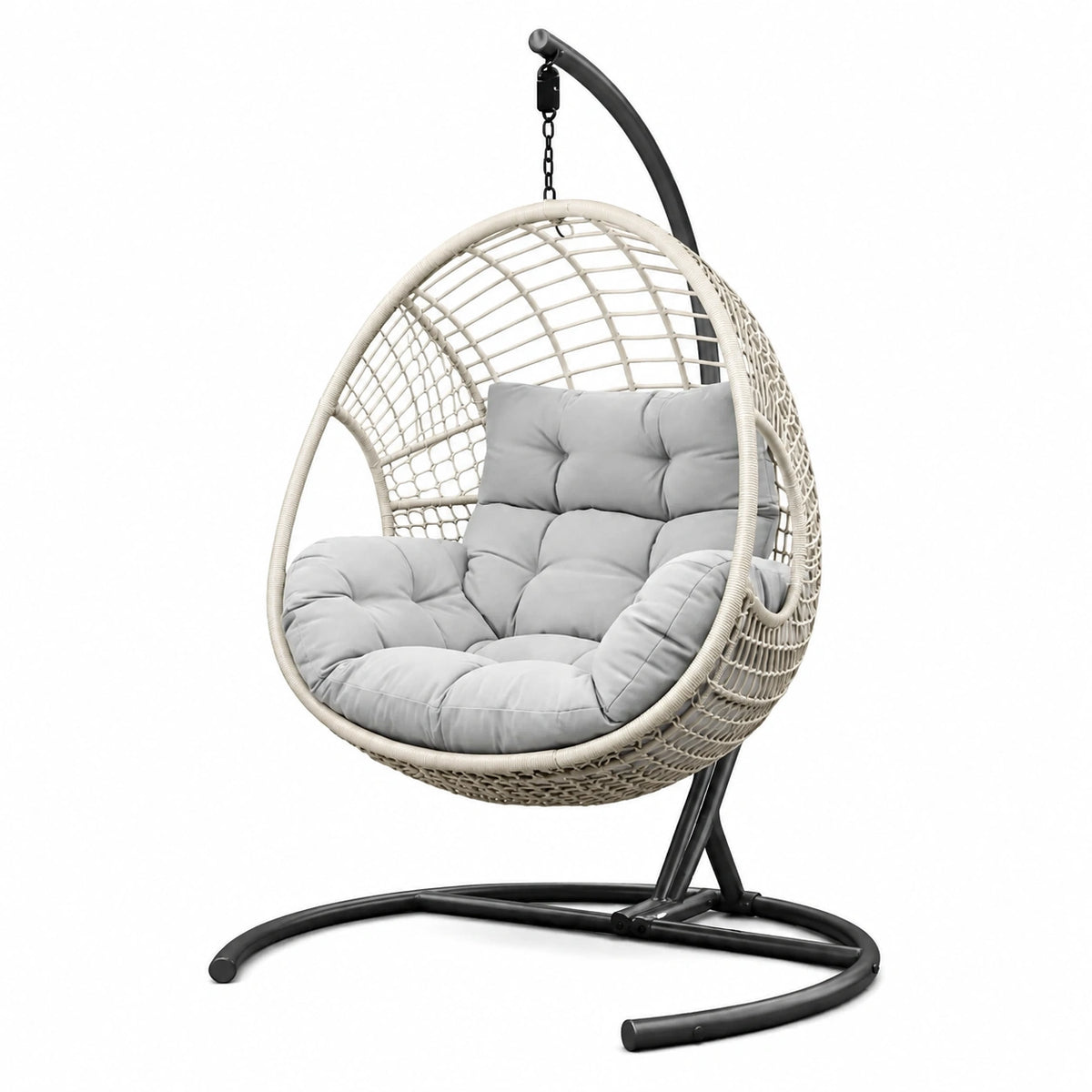 Sedia sospesa in rattan sintetico con cuscini grigi e struttura in acciaio